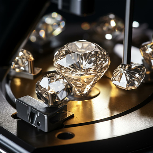 Lab grown diamonds in a dish being inspected